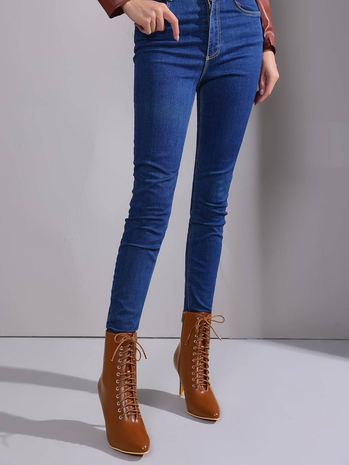 imageAllegra K Womens Pointy Toe Lace Up Stiletto Heel Ankle BootsBrown