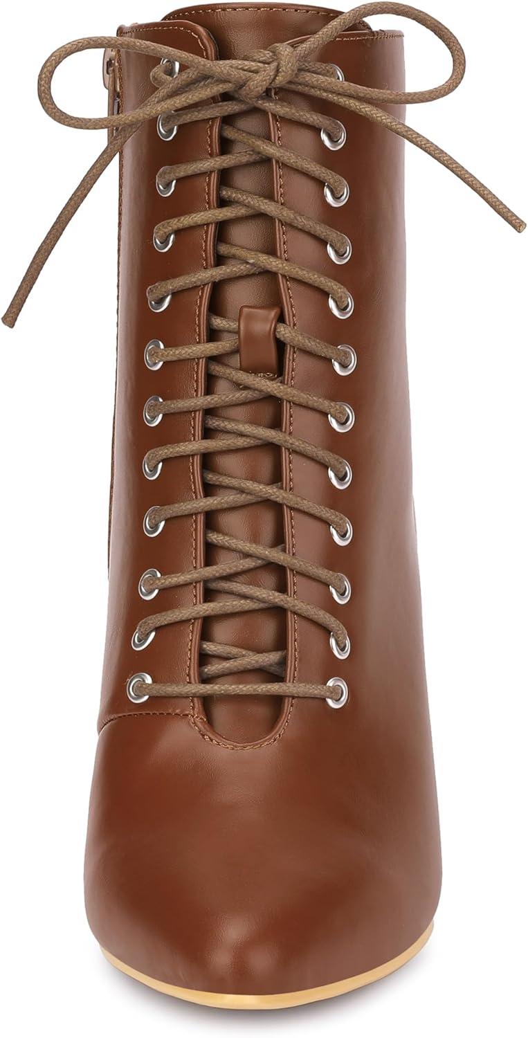 imageAllegra K Womens Pointy Toe Lace Up Stiletto Heel Ankle BootsBrown