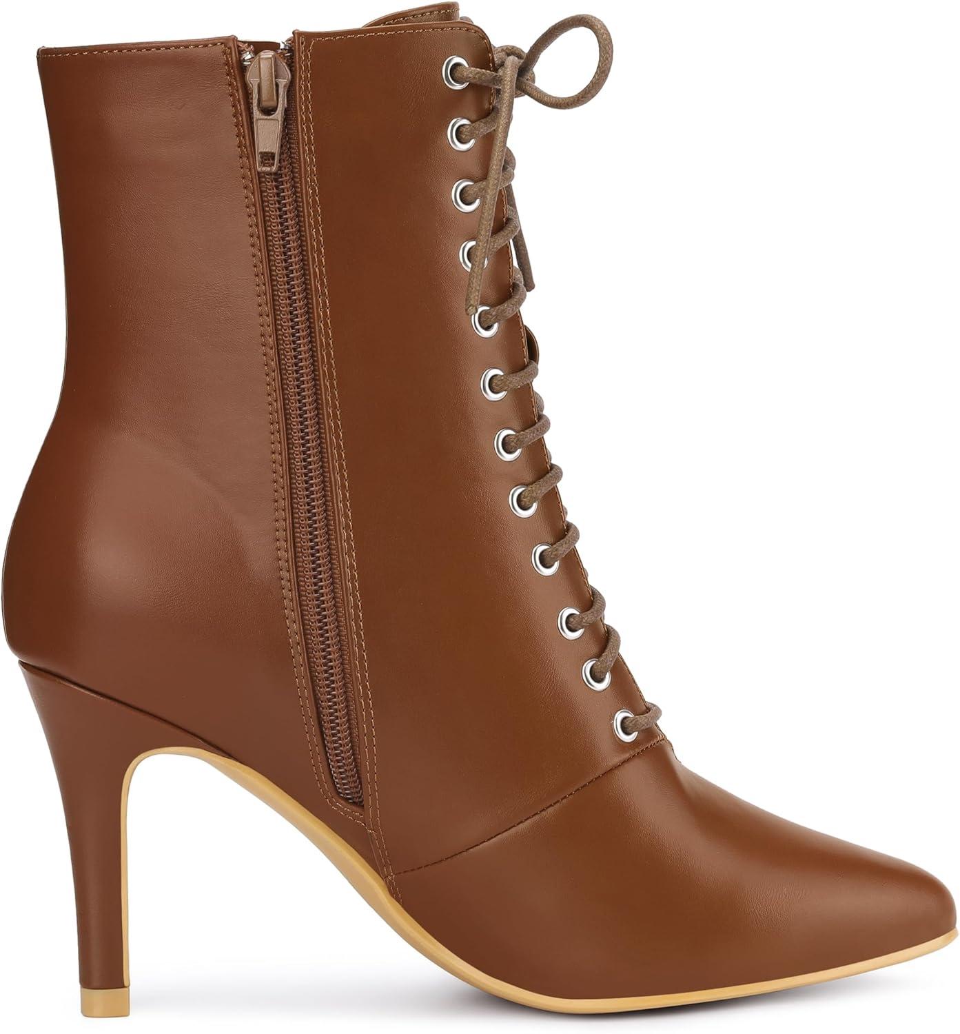 imageAllegra K Womens Pointy Toe Lace Up Stiletto Heel Ankle BootsBrown