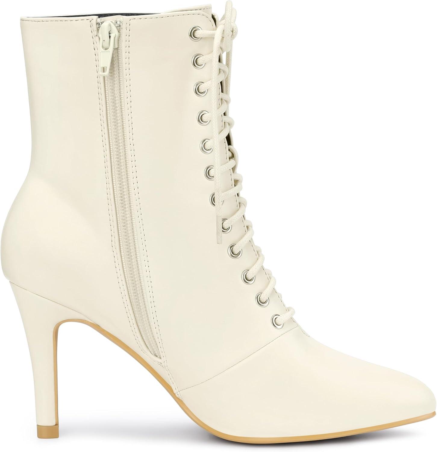 imageAllegra K Womens Pointy Toe Lace Up Stiletto Heel Ankle BootsCream