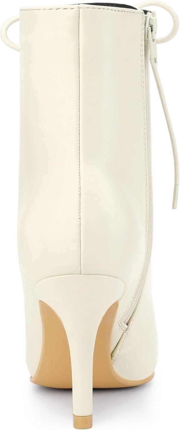 imageAllegra K Womens Pointy Toe Lace Up Stiletto Heel Ankle BootsCream