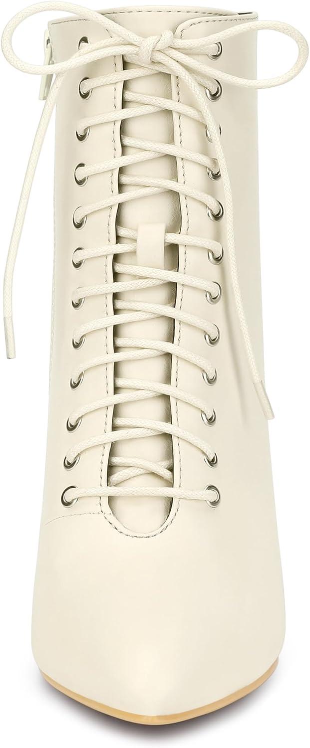 imageAllegra K Womens Pointy Toe Lace Up Stiletto Heel Ankle BootsCream