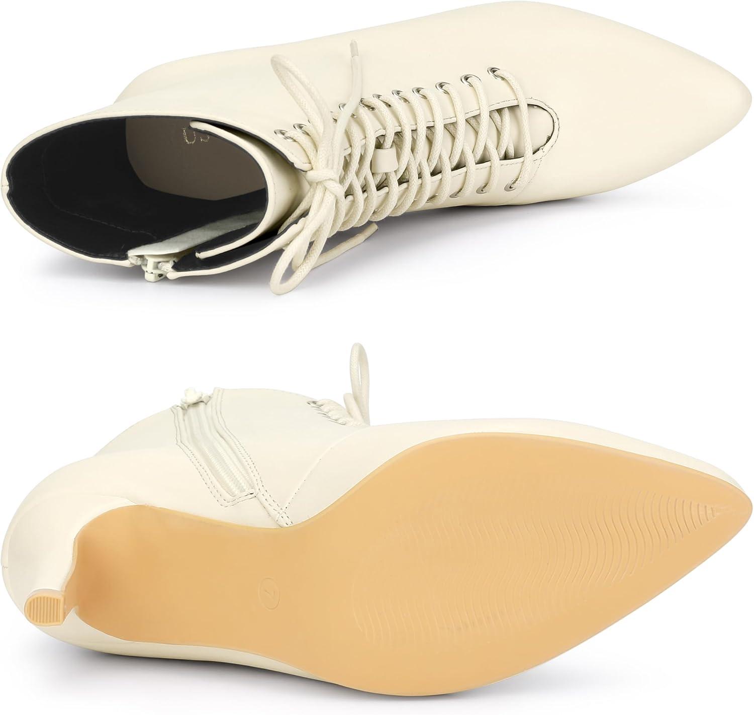 imageAllegra K Womens Pointy Toe Lace Up Stiletto Heel Ankle BootsCream