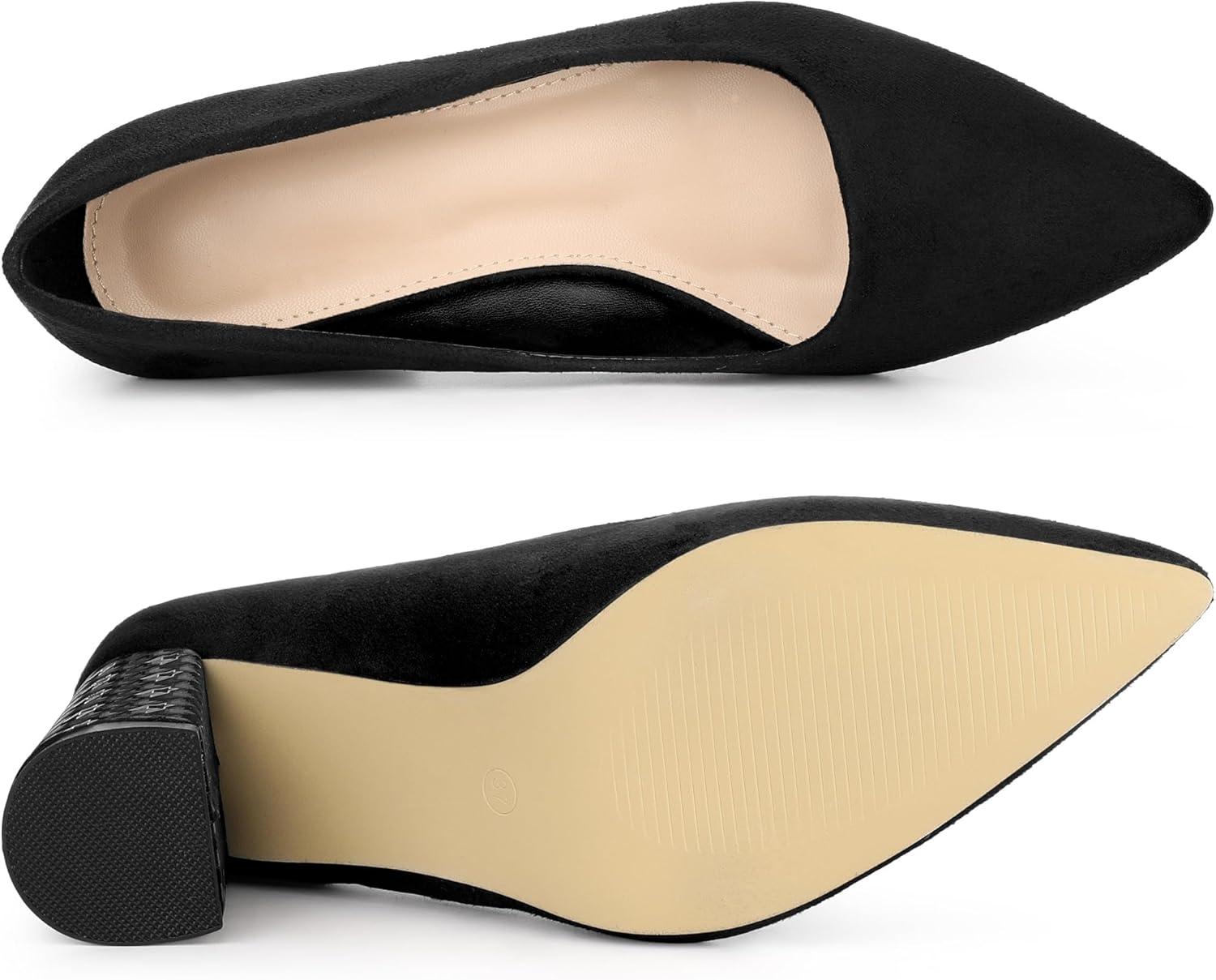 imageAllegra K Womens Pointy Toe Slip on Plaid Printing Closed Toe Dress Shoes Chunky Heel PumpsBlack