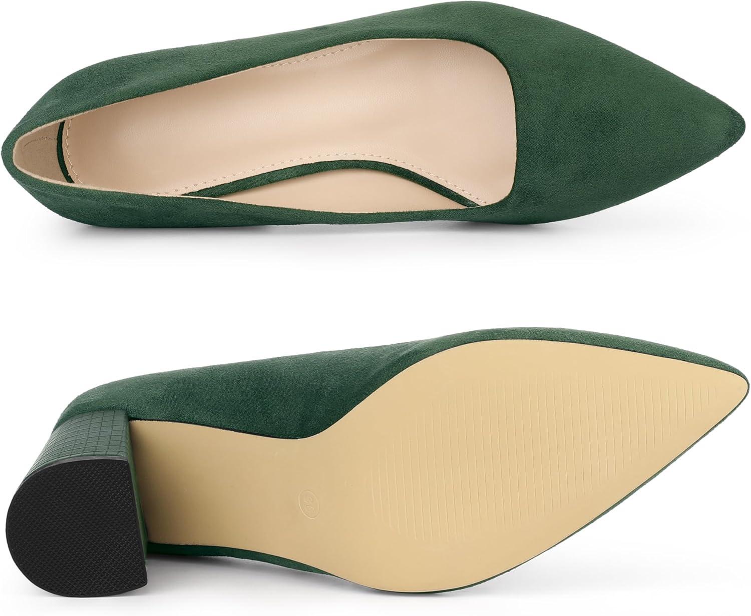 imageAllegra K Womens Pointy Toe Slip on Plaid Printing Closed Toe Dress Shoes Chunky Heel PumpsGreen