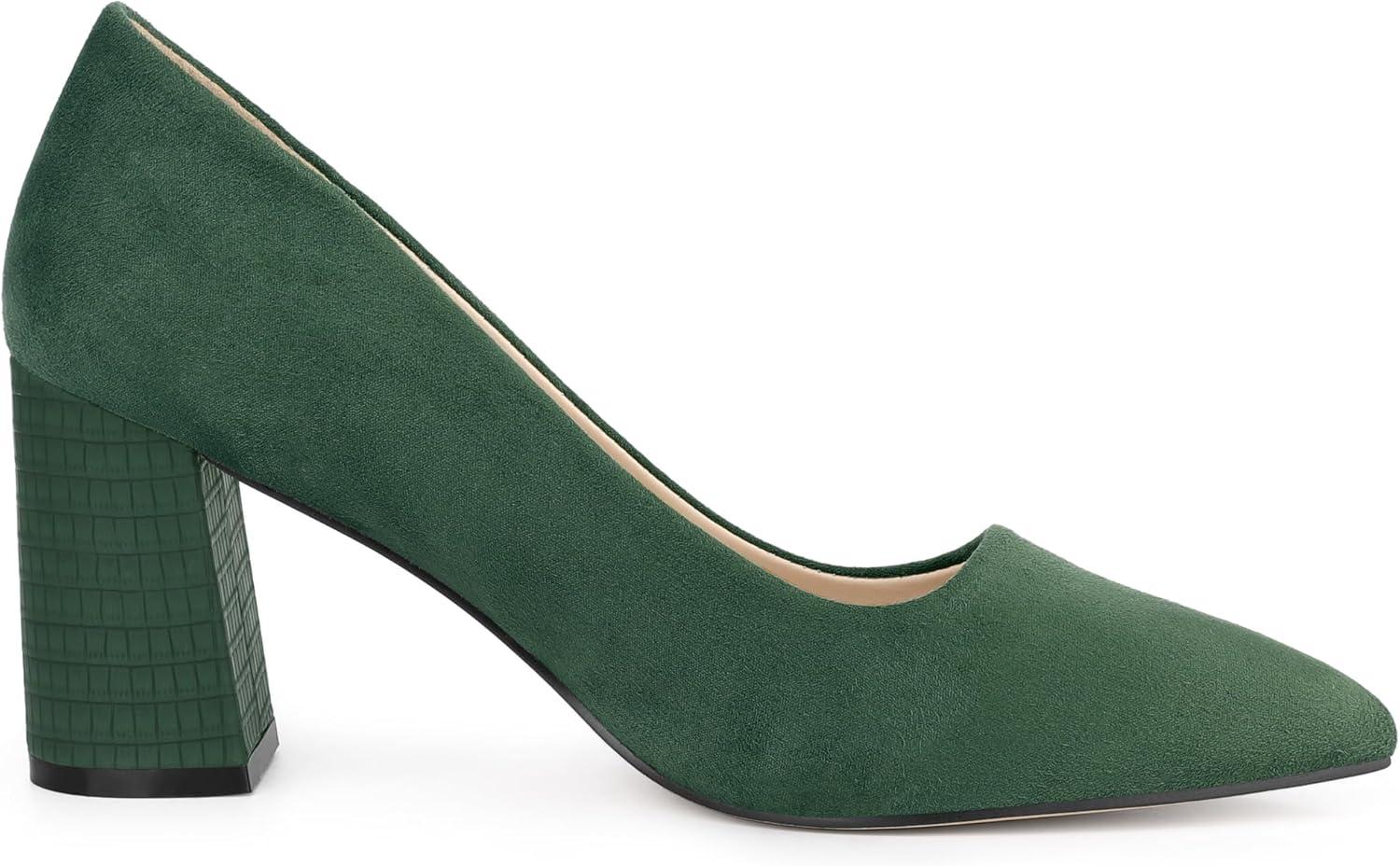 imageAllegra K Womens Pointy Toe Slip on Plaid Printing Closed Toe Dress Shoes Chunky Heel PumpsGreen