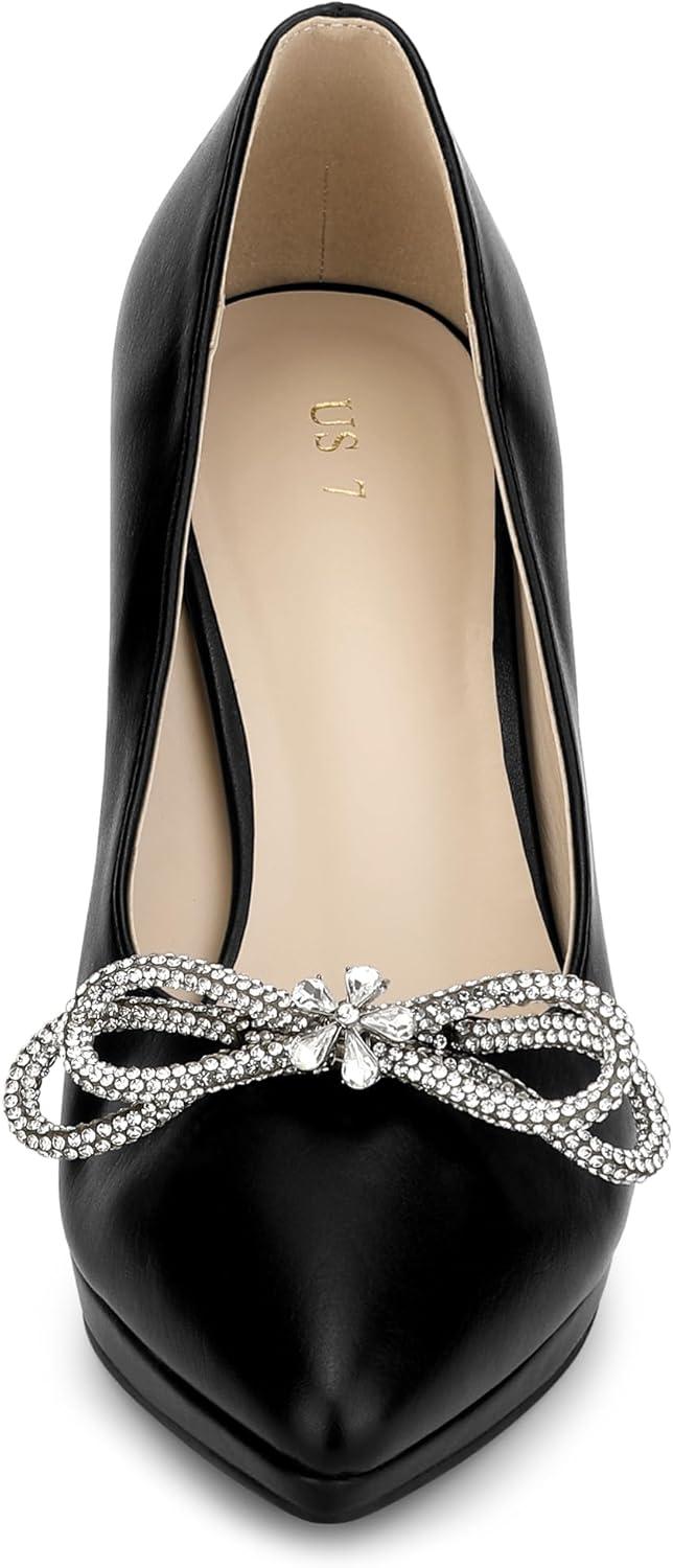 imageAllegra K Womens Pump Stiletto Heel Platform Rhinestone Bow Pointed Toe PumpsBlack
