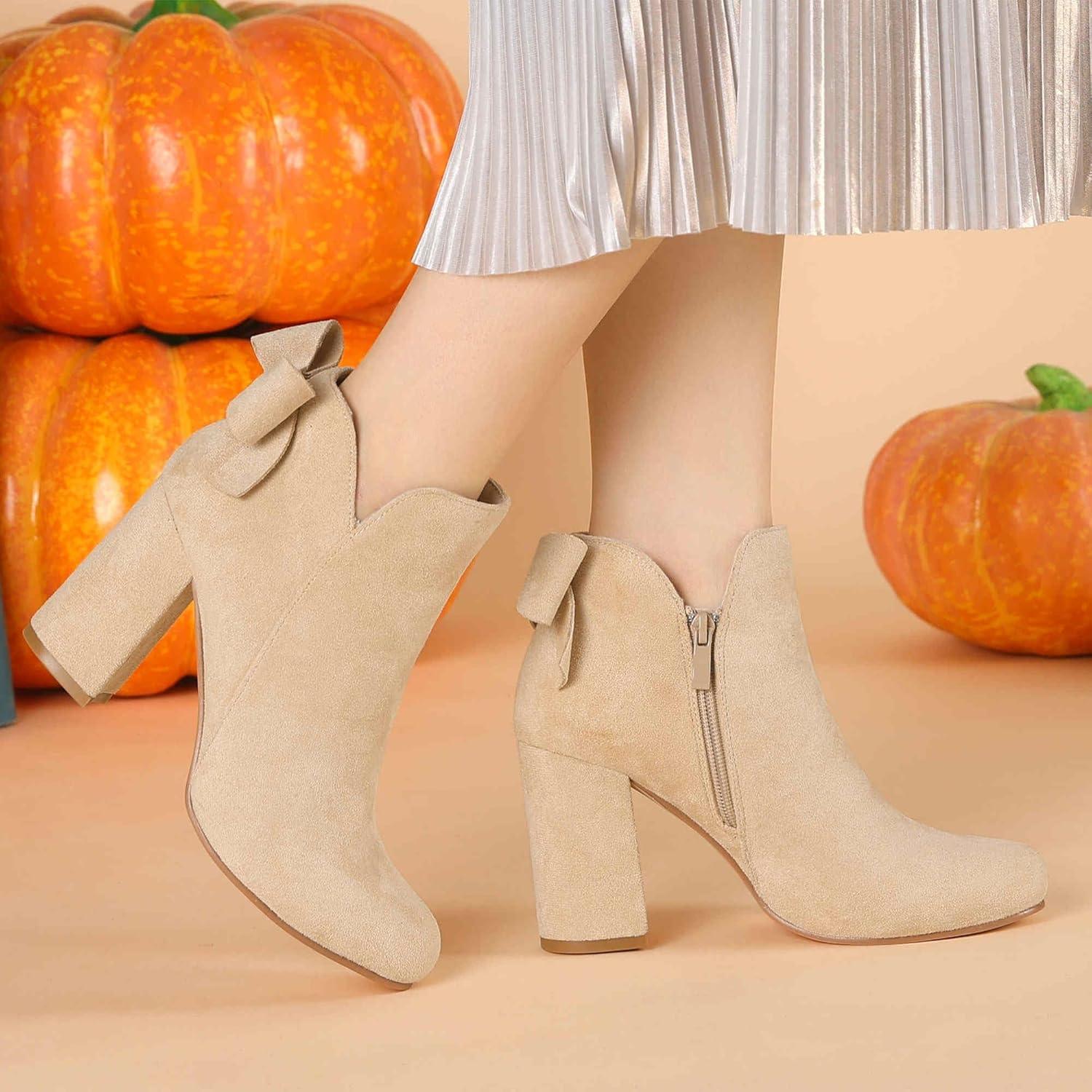 imageAllegra K Womens Round Toe Bow Decor Chunky Heel Ankle BootsBeige