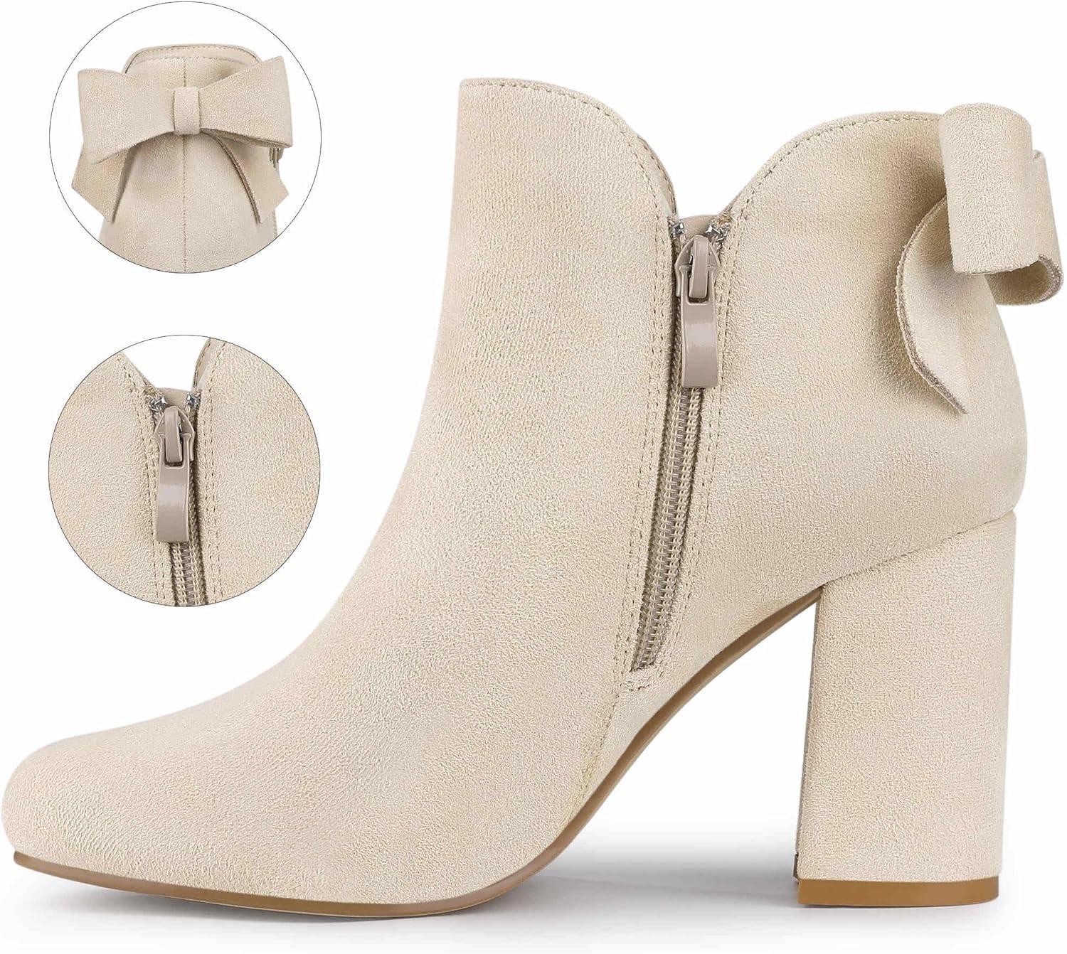 imageAllegra K Womens Round Toe Bow Decor Chunky Heel Ankle BootsBeige