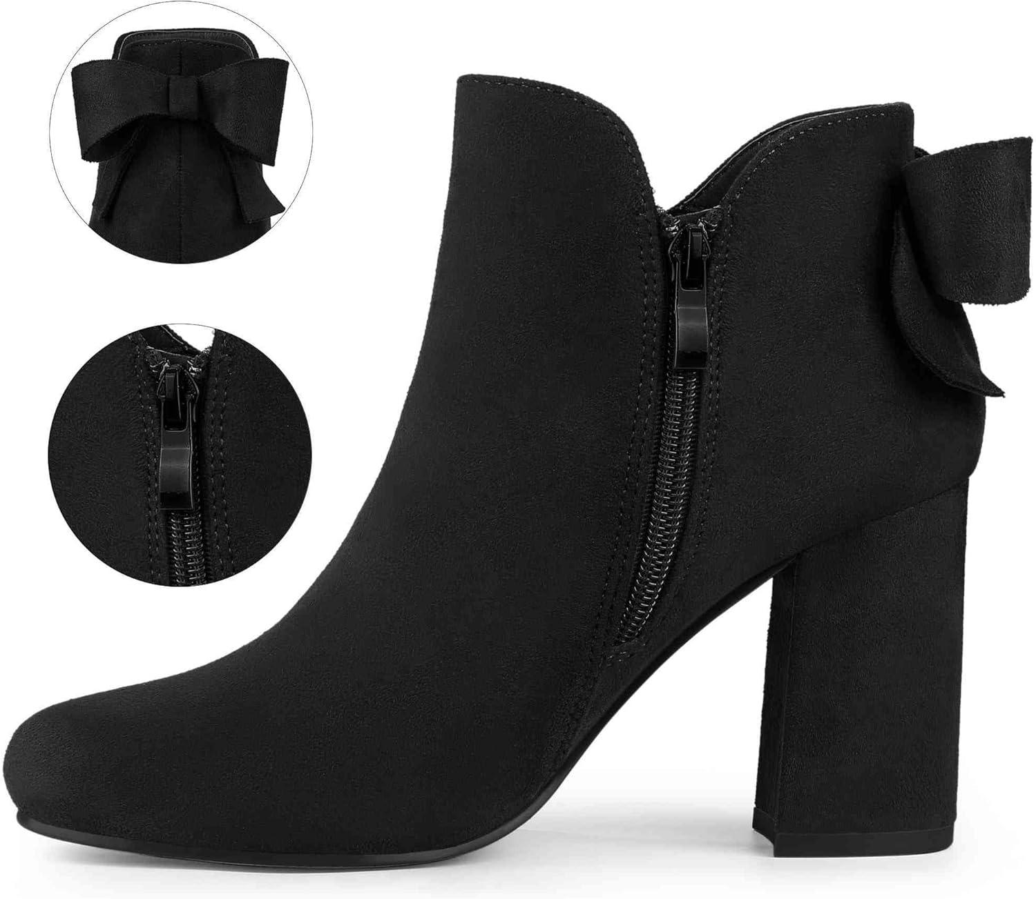 imageAllegra K Womens Round Toe Bow Decor Chunky Heel Ankle BootsBlack