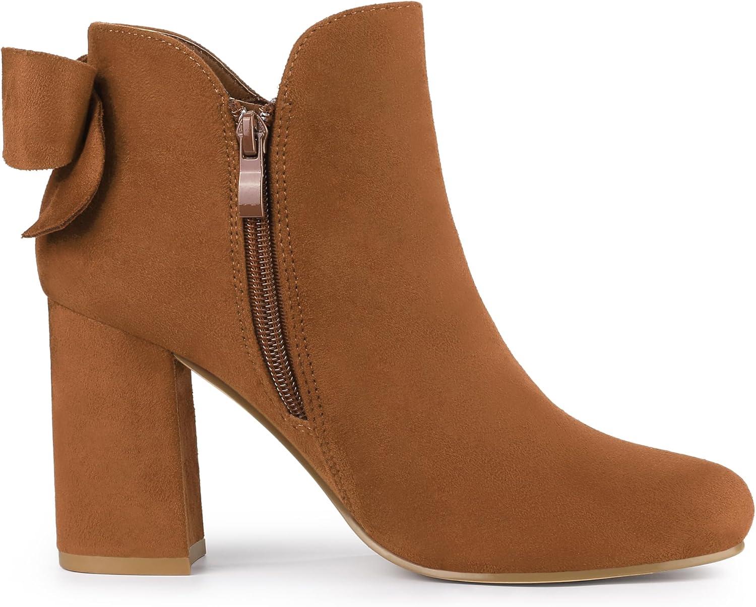 imageAllegra K Womens Round Toe Bow Decor Chunky Heel Ankle BootsBrown