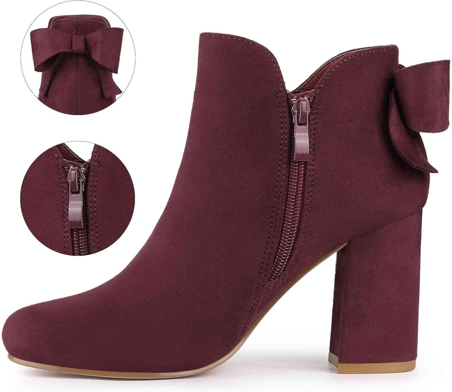 imageAllegra K Womens Round Toe Bow Decor Chunky Heel Ankle BootsBurgundy