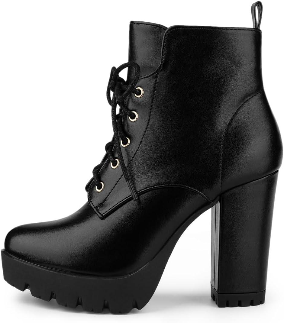 imageAllegra K Womens Round Toe Chunky Heel Lace Up Platform BootsBlack