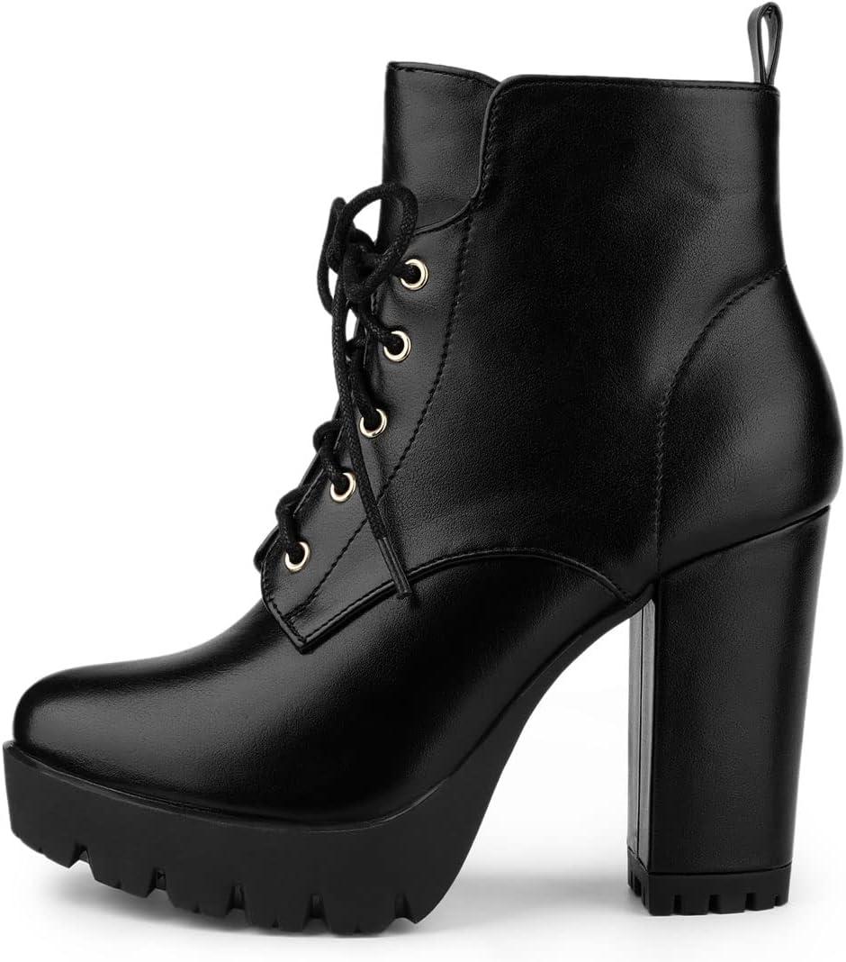 imageAllegra K Womens Round Toe Chunky Heel Lace Up Platform BootsBlack