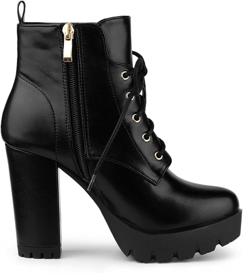 imageAllegra K Womens Round Toe Chunky Heel Lace Up Platform BootsBlack