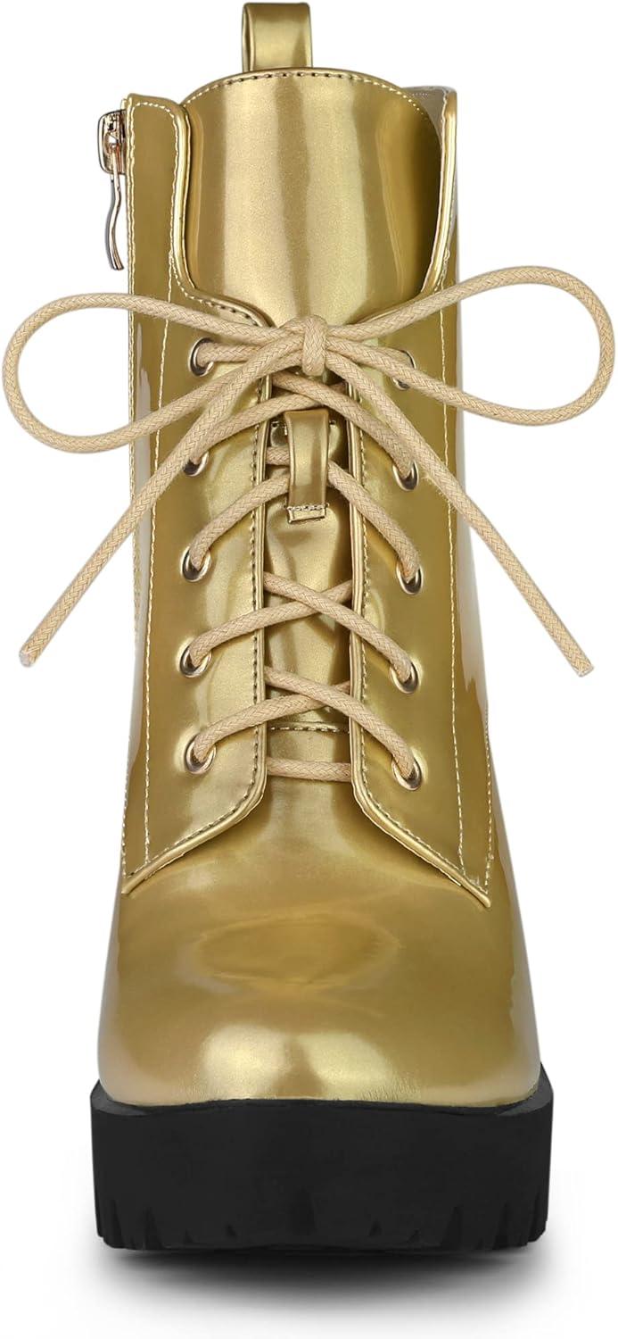 imageAllegra K Womens Round Toe Chunky Heel Lace Up Platform BootsGold