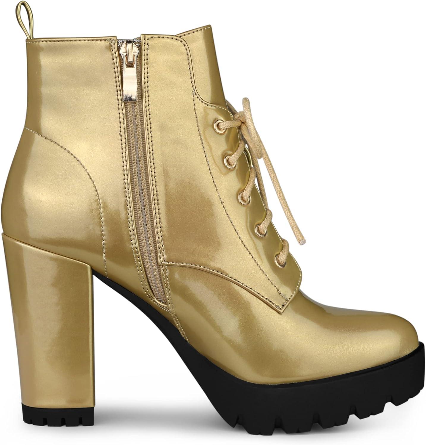 imageAllegra K Womens Round Toe Chunky Heel Lace Up Platform BootsGold