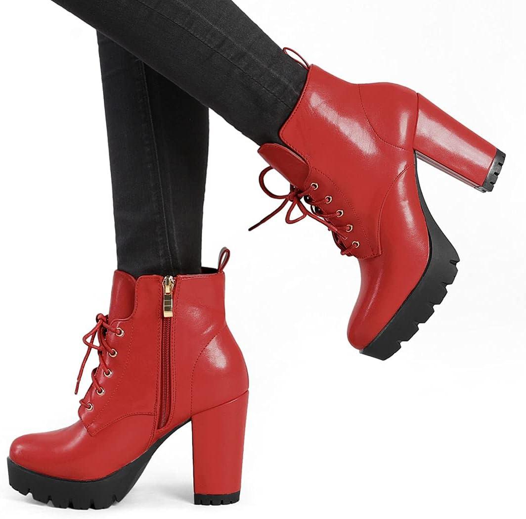 imageAllegra K Womens Round Toe Chunky Heel Lace Up Platform BootsRed