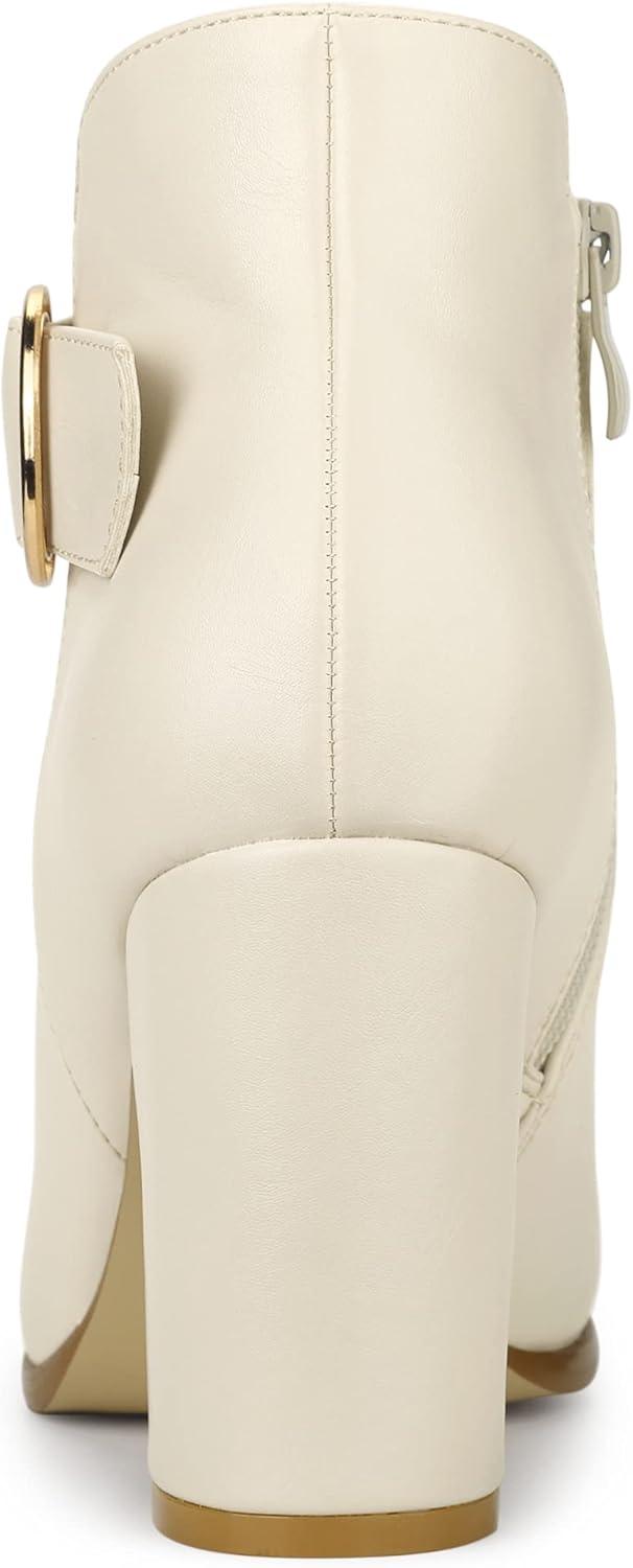 imageAllegra K Womens Round Toe Circle Buckle Chunky Heels Ankle BootsBeige