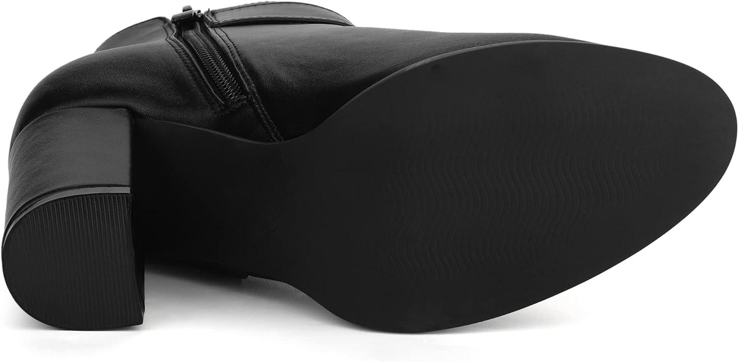 imageAllegra K Womens Round Toe Circle Buckle Chunky Heels Ankle BootsBlack