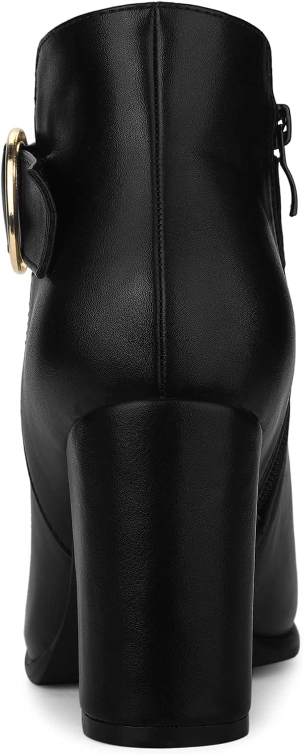 imageAllegra K Womens Round Toe Circle Buckle Chunky Heels Ankle BootsBlack