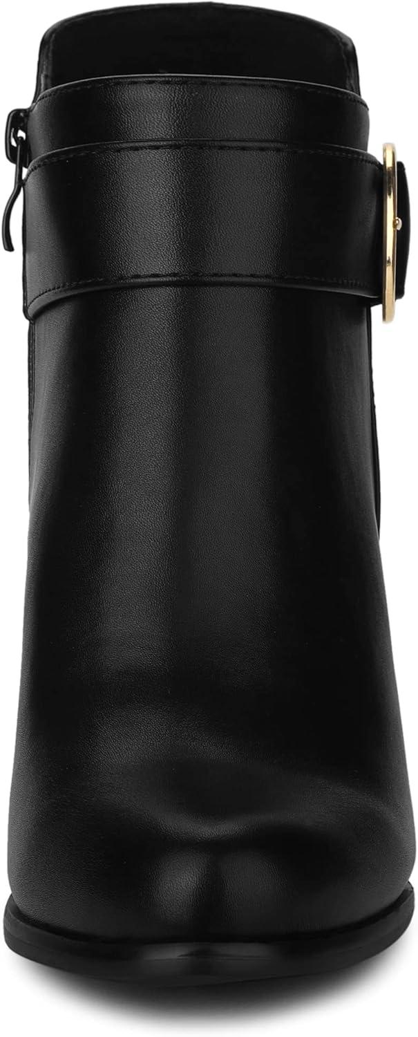 imageAllegra K Womens Round Toe Circle Buckle Chunky Heels Ankle BootsBlack