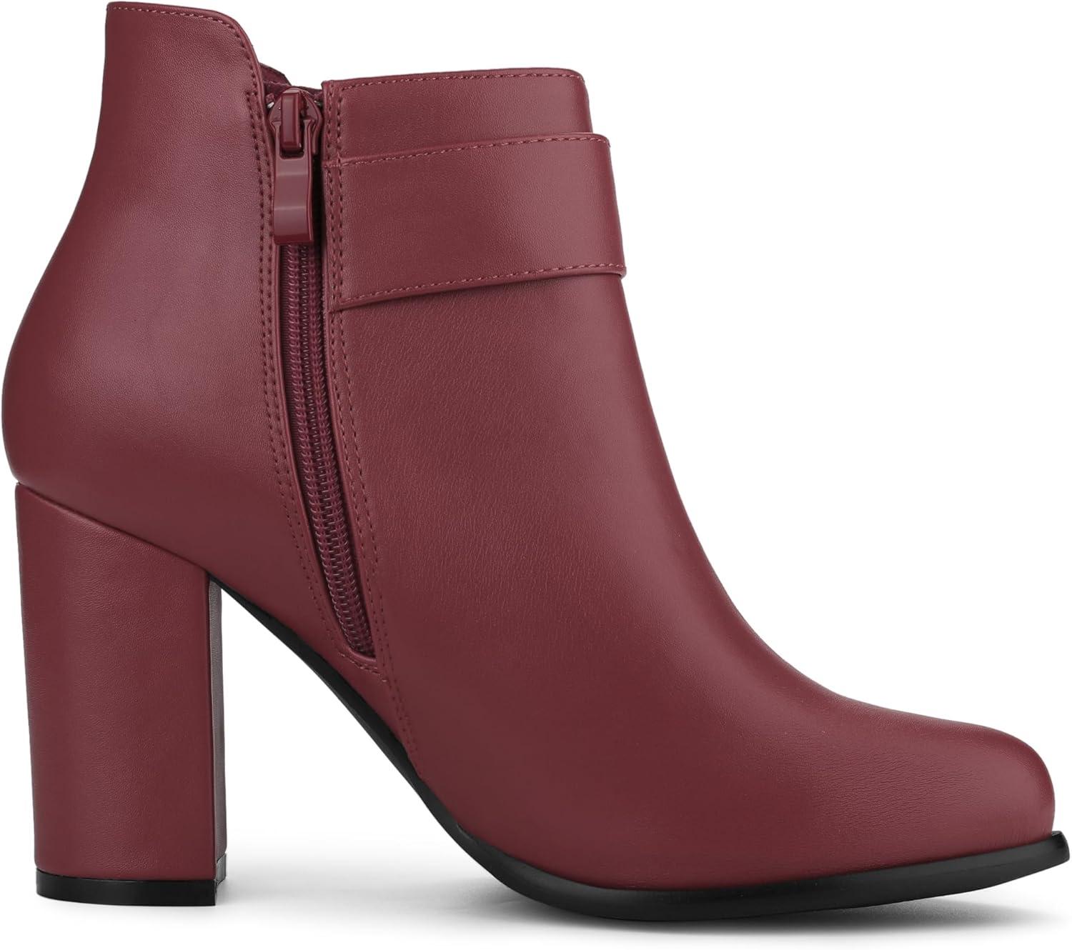 imageAllegra K Womens Round Toe Circle Buckle Chunky Heels Ankle BootsBurgundy