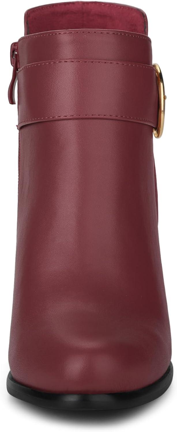 imageAllegra K Womens Round Toe Circle Buckle Chunky Heels Ankle BootsBurgundy