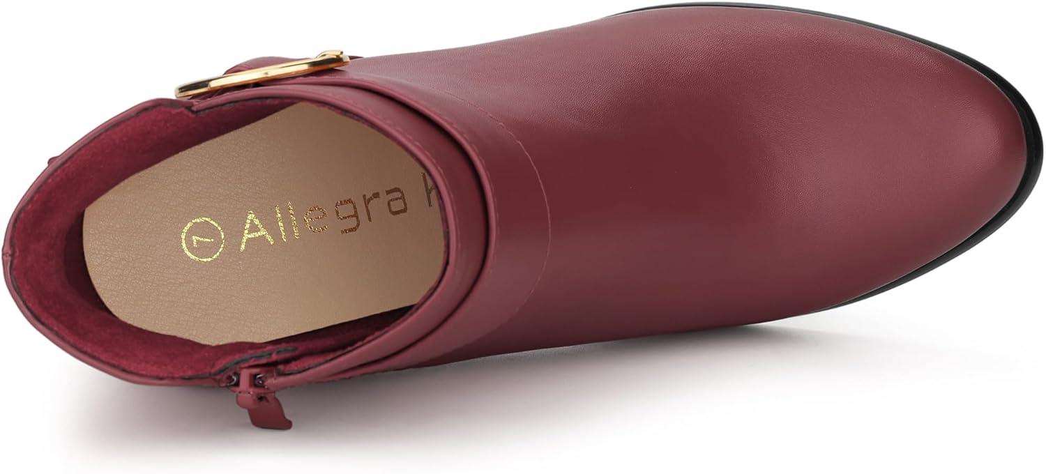 imageAllegra K Womens Round Toe Circle Buckle Chunky Heels Ankle BootsBurgundy