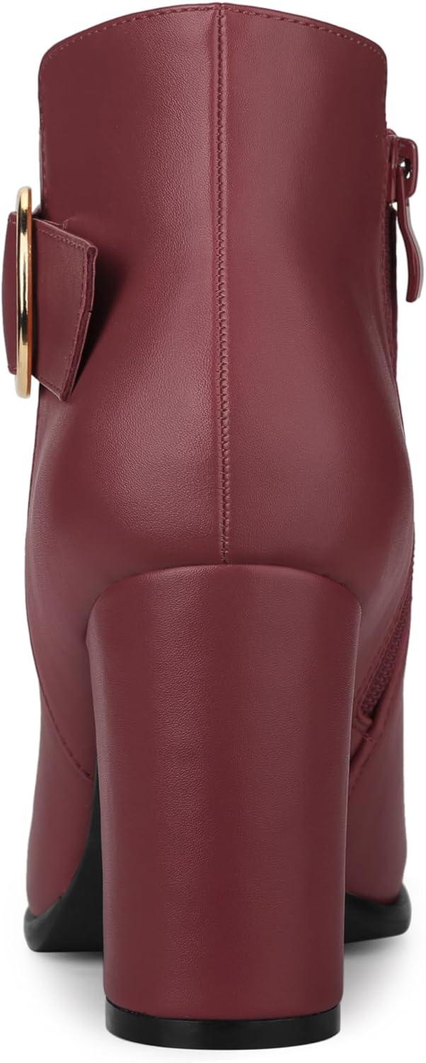imageAllegra K Womens Round Toe Circle Buckle Chunky Heels Ankle BootsBurgundy