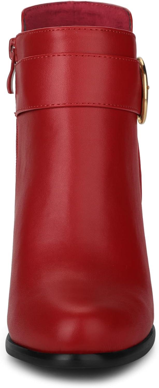 imageAllegra K Womens Round Toe Circle Buckle Chunky Heels Ankle BootsRed