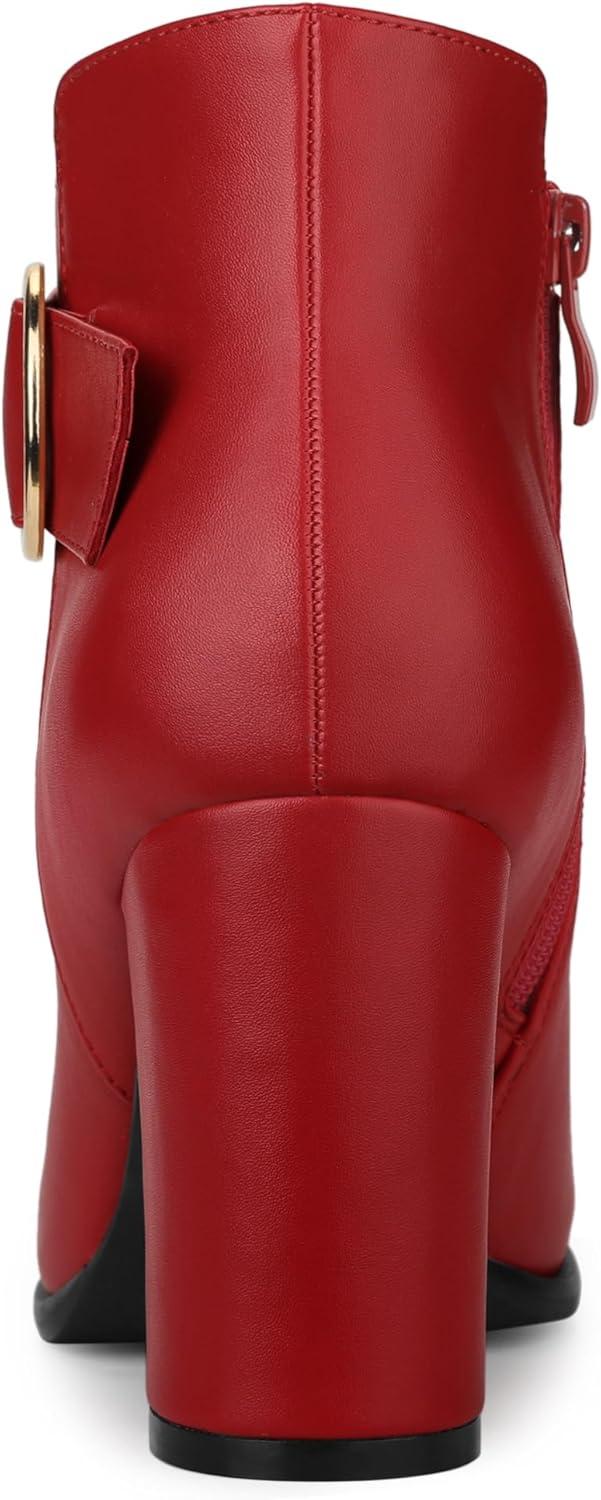 imageAllegra K Womens Round Toe Circle Buckle Chunky Heels Ankle BootsRed