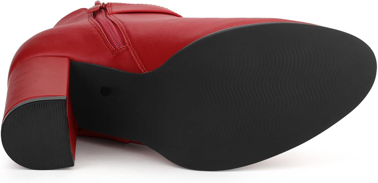 imageAllegra K Womens Round Toe Circle Buckle Chunky Heels Ankle BootsRed