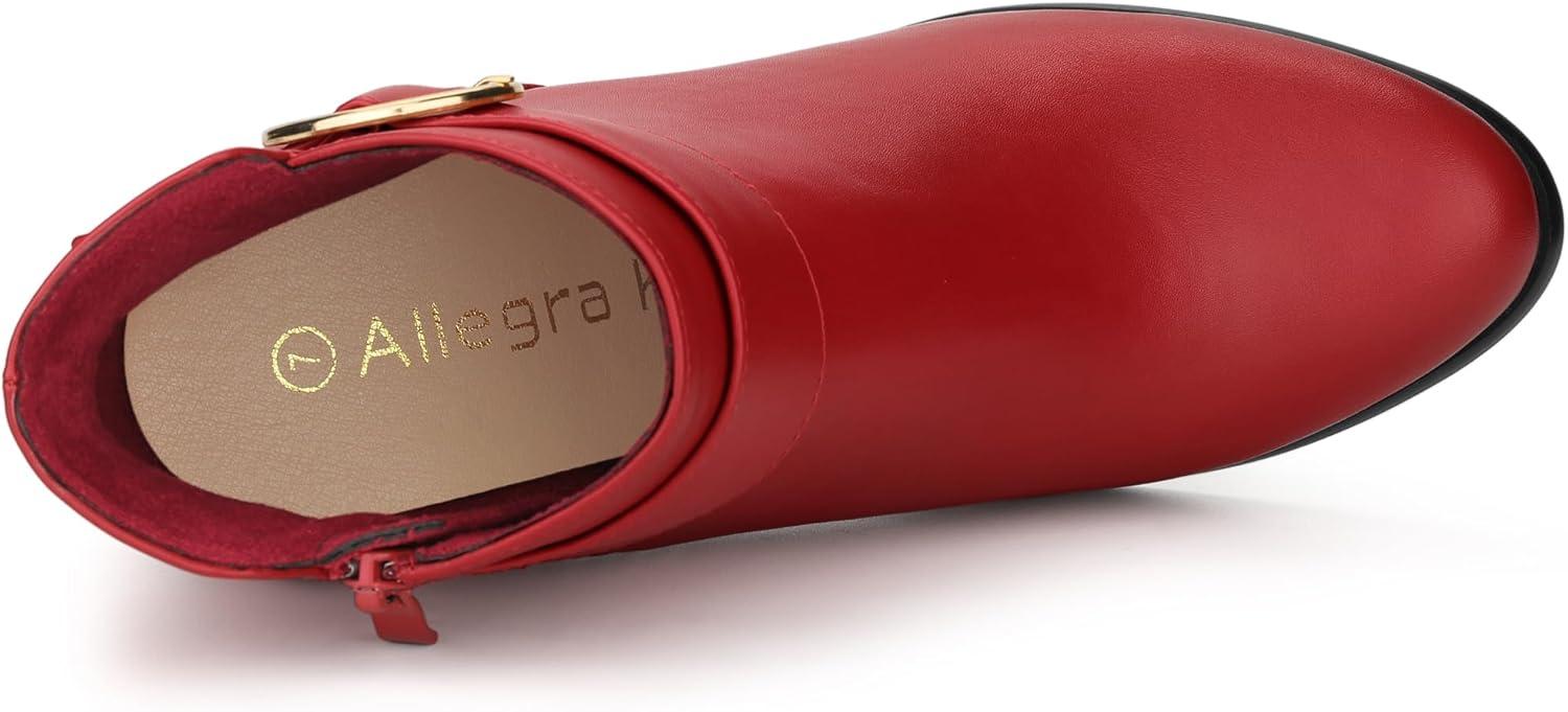 imageAllegra K Womens Round Toe Circle Buckle Chunky Heels Ankle BootsRed