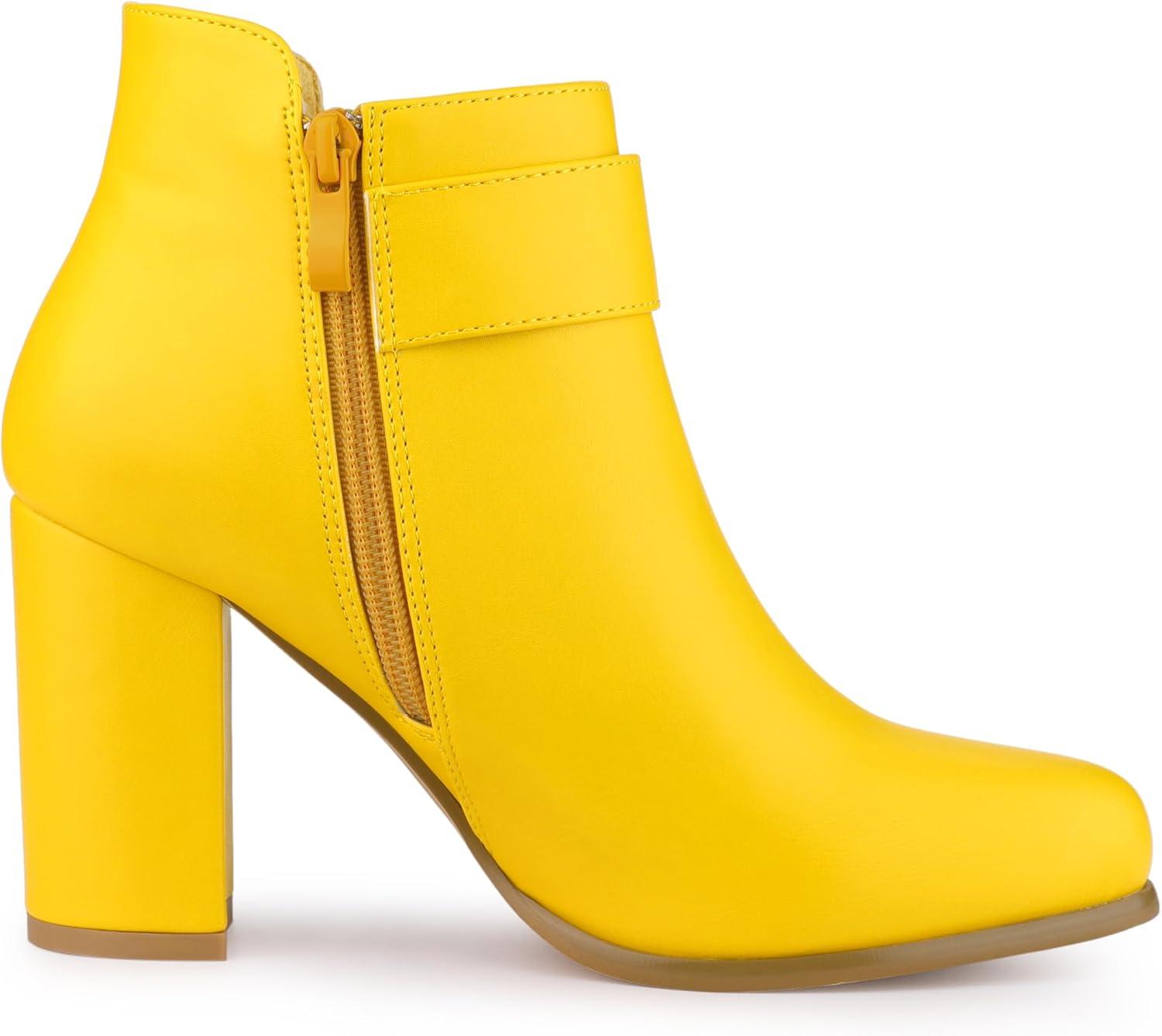 imageAllegra K Womens Round Toe Circle Buckle Chunky Heels Ankle BootsYellow