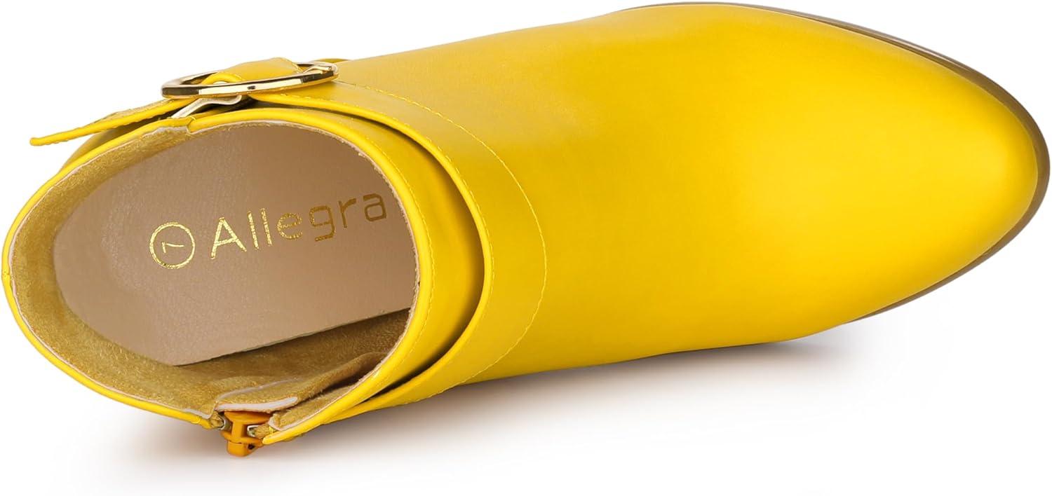 imageAllegra K Womens Round Toe Circle Buckle Chunky Heels Ankle BootsYellow