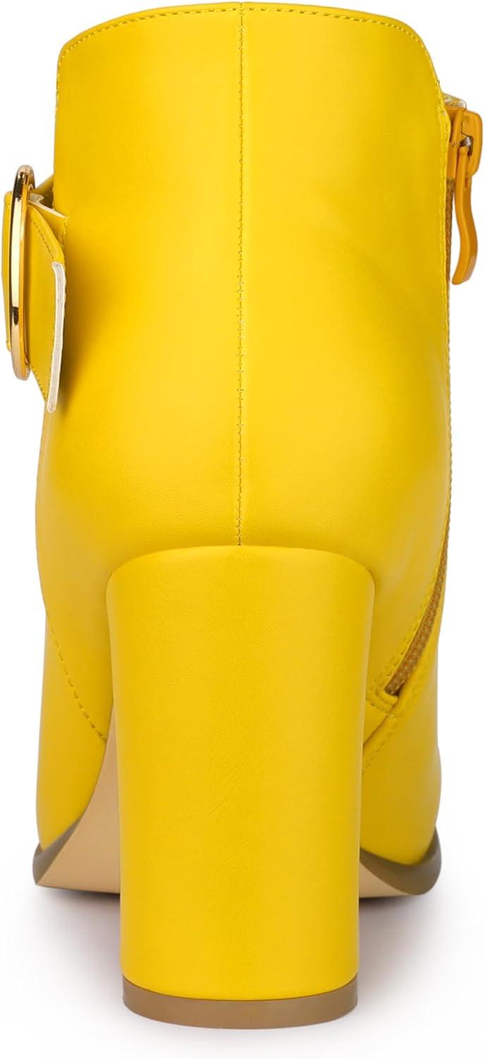 imageAllegra K Womens Round Toe Circle Buckle Chunky Heels Ankle BootsYellow