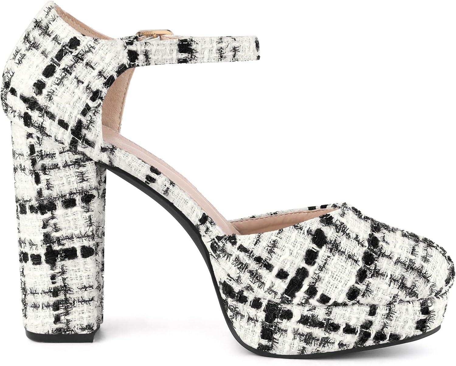 imageAllegra K Womens Round Toe Platform Tweed Chunky Heels PumpsBlack White