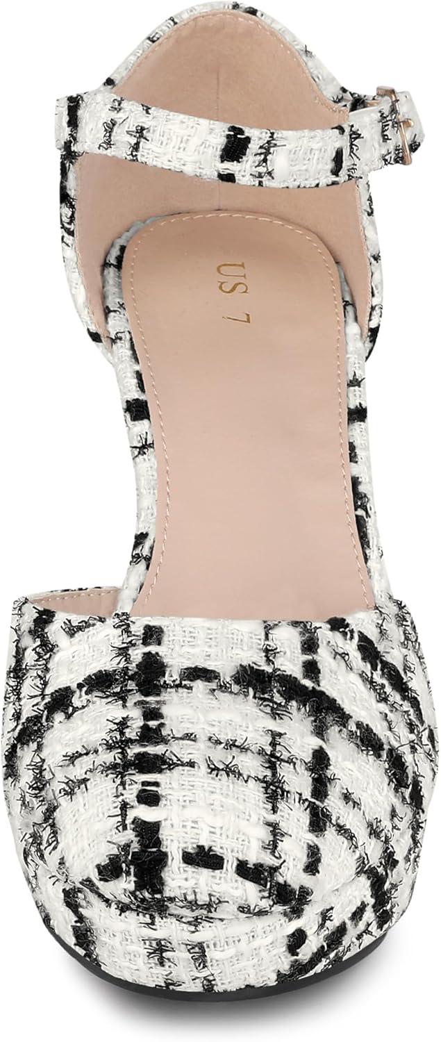 imageAllegra K Womens Round Toe Platform Tweed Chunky Heels PumpsBlack White