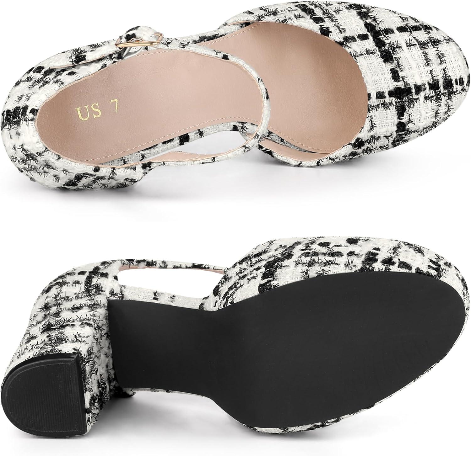 imageAllegra K Womens Round Toe Platform Tweed Chunky Heels PumpsBlack White