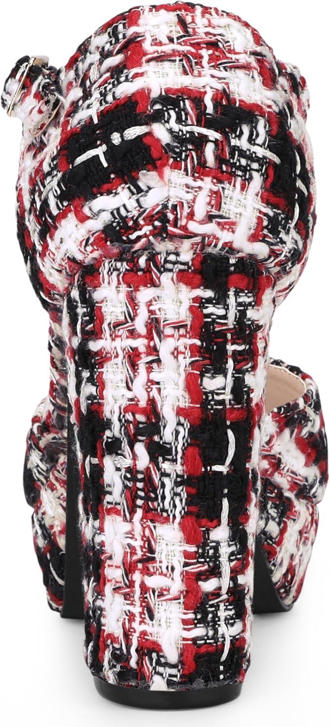 imageAllegra K Womens Round Toe Platform Tweed Chunky Heels PumpsRed Black