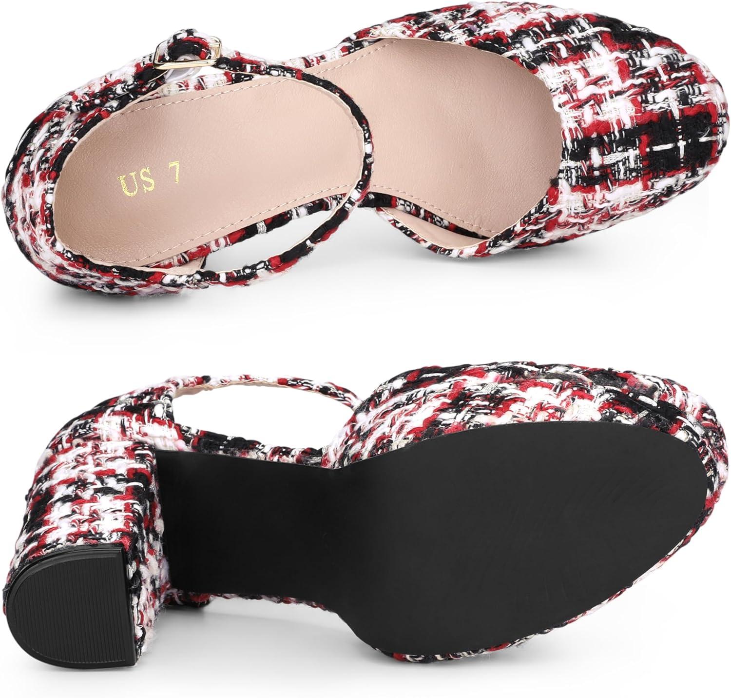 imageAllegra K Womens Round Toe Platform Tweed Chunky Heels PumpsRed Black