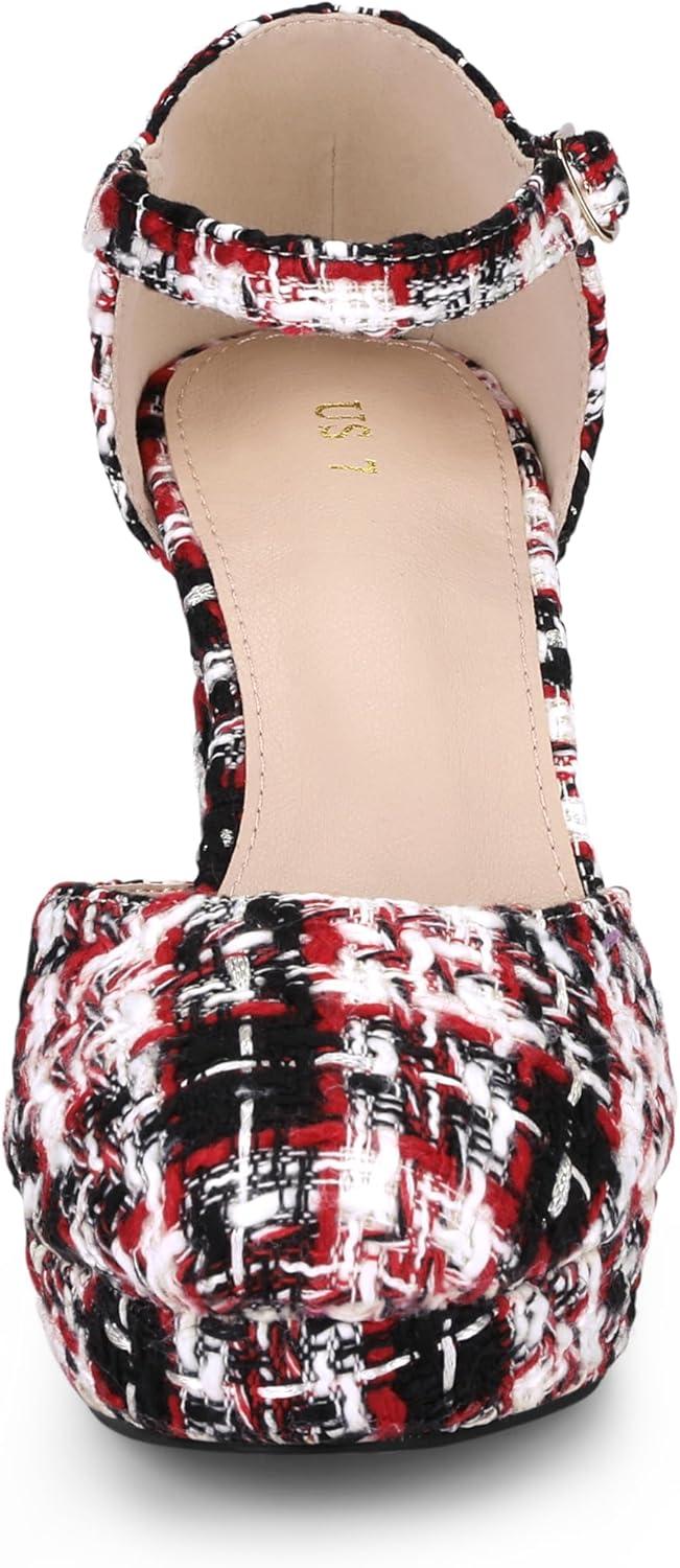 imageAllegra K Womens Round Toe Platform Tweed Chunky Heels PumpsRed Black