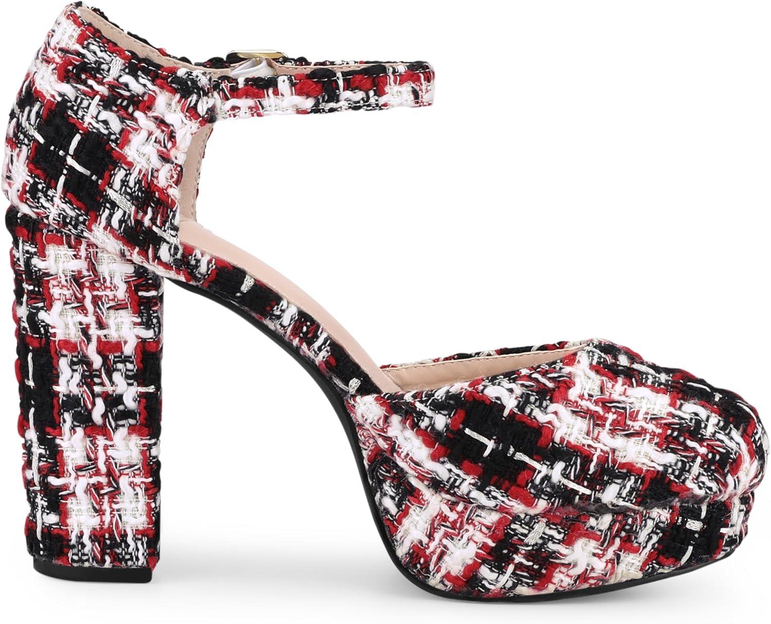 imageAllegra K Womens Round Toe Platform Tweed Chunky Heels PumpsRed Black
