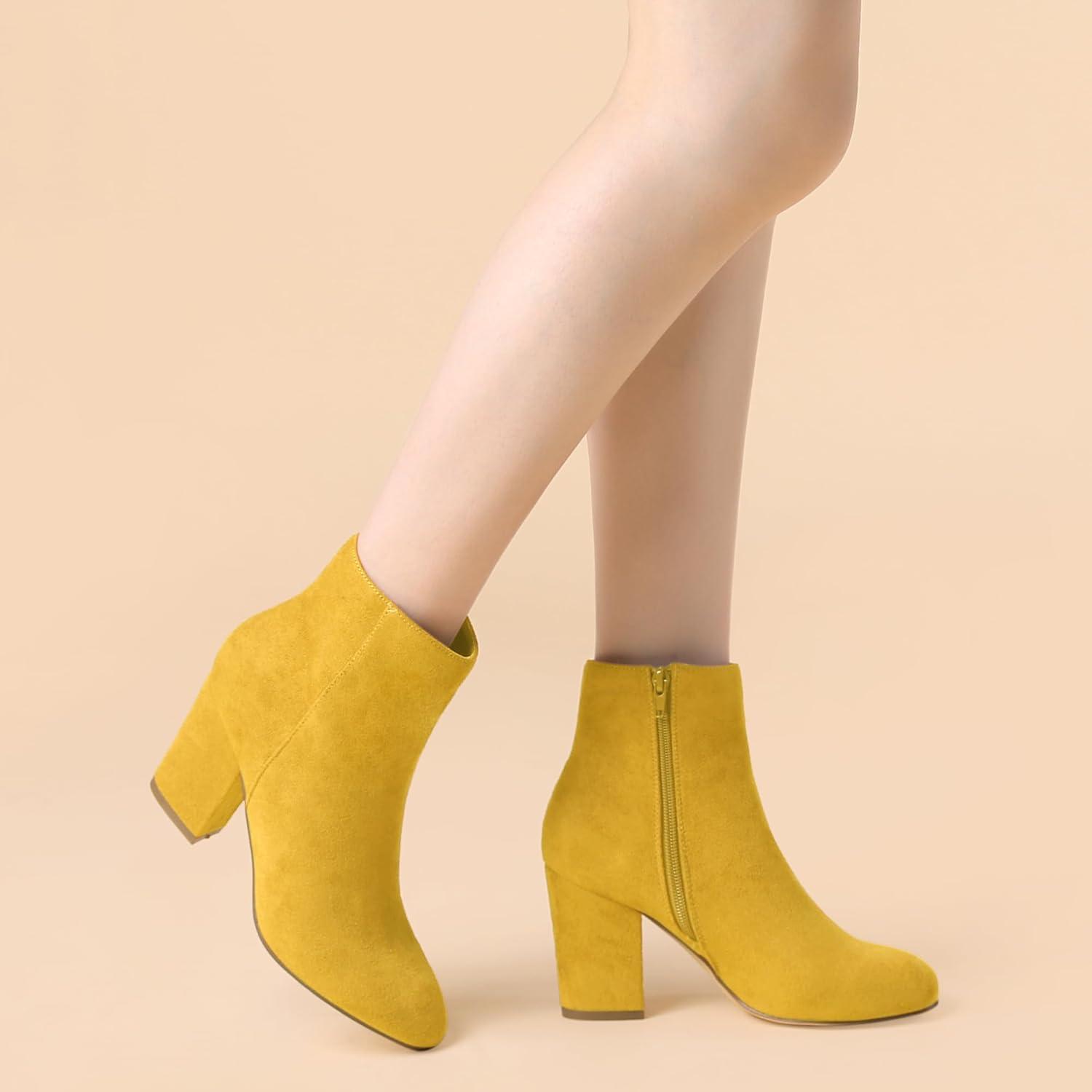 imageAllegra K Womens Round Toe Side Zip Chunky Heel Ankle BootsYellow