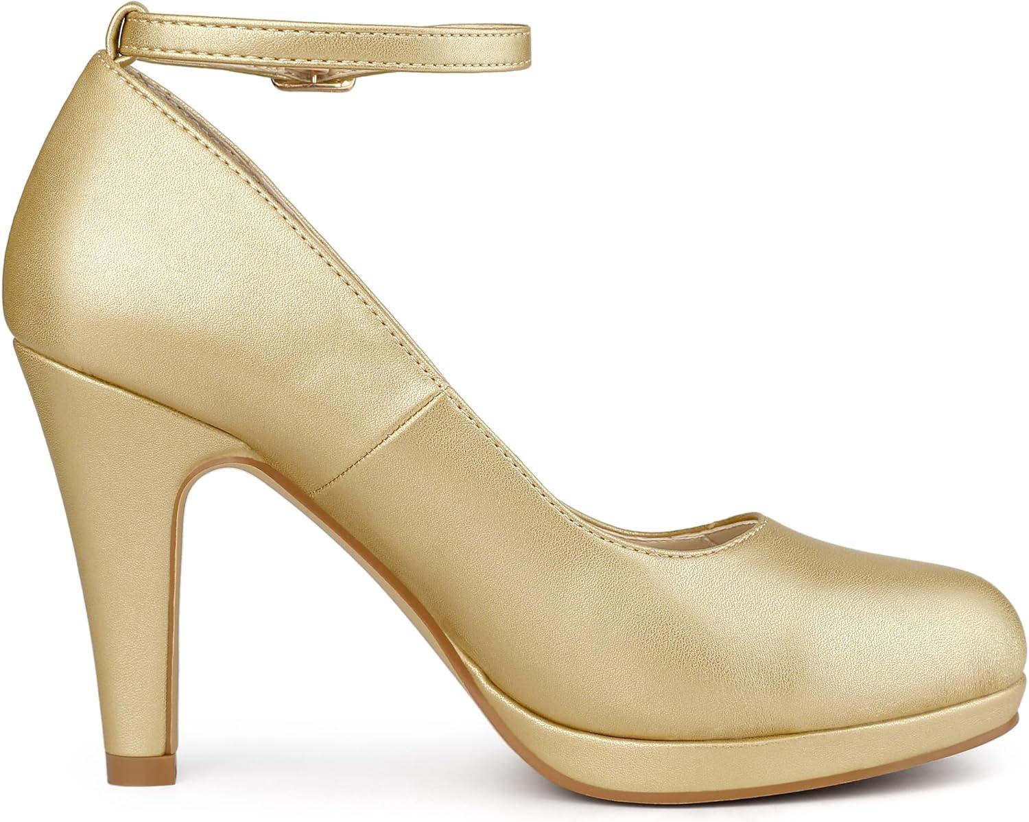 imageAllegra K Womens Round Toe Stiletto Heels Ankle Strap PumpsGold