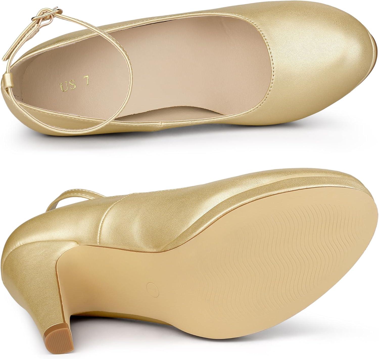 imageAllegra K Womens Round Toe Stiletto Heels Ankle Strap PumpsGold