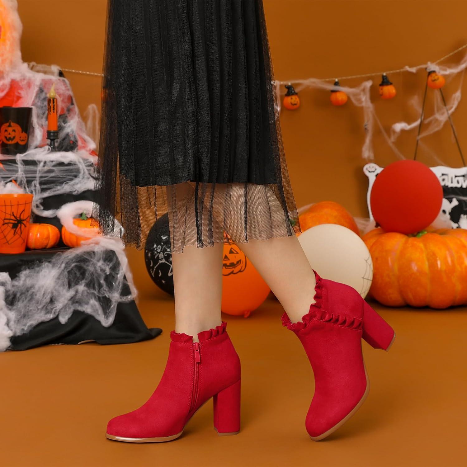 imageAllegra K Womens Ruffle Block Heel Ankle BootsRed