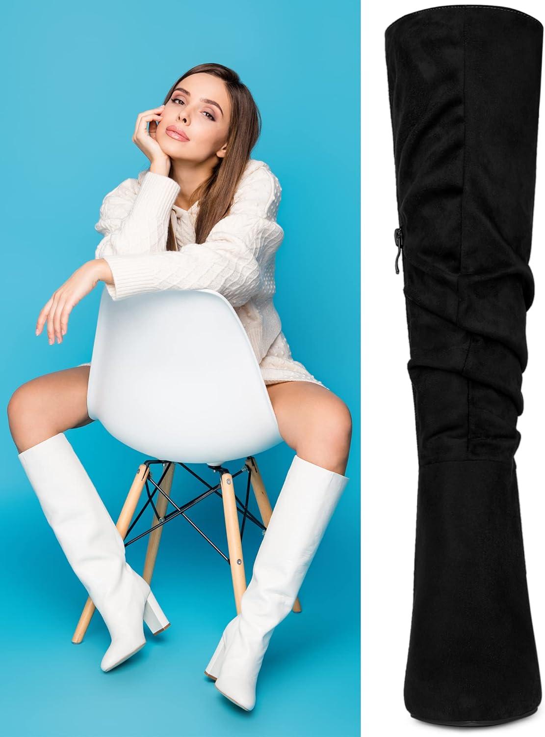 imageAllegra K Womens Slouch Pointed Toe Chunky Heel Knee High BootsBlack