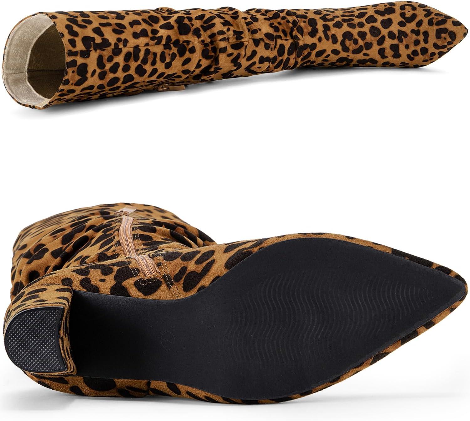 imageAllegra K Womens Slouch Pointed Toe Chunky Heel Knee High BootsLeopard